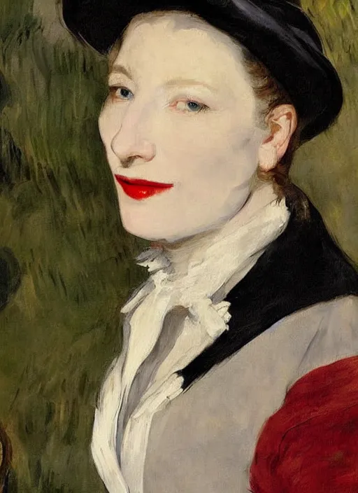 Image similar to An antique oil painting of cate blanchett by Manet, super detailed, hd