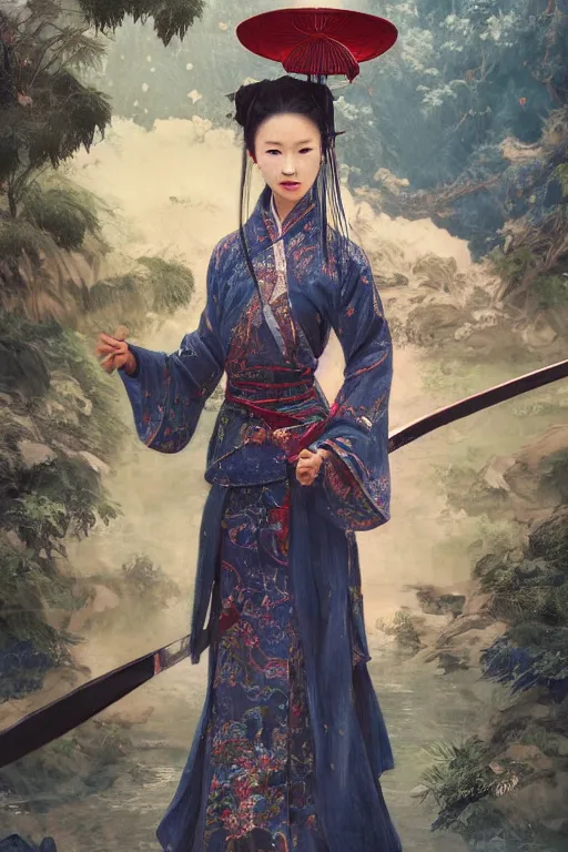 Image similar to portrait wuxia sword dance Asian Girl, Chinese costume, in forbidden City Rainning, flowers sea everywhere, ssci-fi, fantasy, intricate, very very beautiful, elegant, highly detailed, digital painting, artstation, concept art, smooth, sharp focus, illustration, art by tian zi and WLOP and alphonse mucha