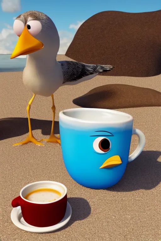 Image similar to Seagull Pixar character drinking a cup of coffee in the beach, Up movie style, 3d render