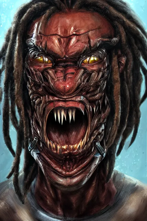 Image similar to predator 1 9 8 7 face redesign, portrait, highly detailed, dreadlocks, mandables, digital painting, trending on artstation, concept art, illustration