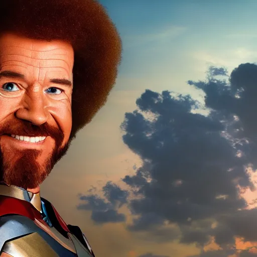 Image similar to a still of Bob Ross as Ironman. Magic Hour. Professional photography, 4K. Mood