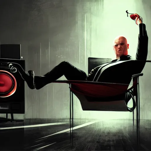 Image similar to agent 4 7 lying down listening to music in front of large stereo speakers surrounded by cables, black background, red rim light, highly detailed, smooth, sharp focus, art by cedric peyravernay