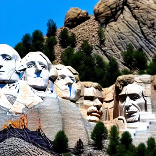 Image similar to a photo of mount rushmore after donald trump's face had been added. the photo depicts a distinguished - looking donald trump face carved into the stone at the mountain top