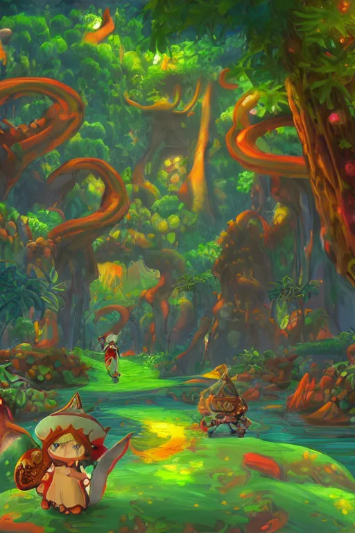 Prompt: A beautiful painting of dreamscape dofus jungle winter in Xenoblade Chronicles video game land world screenshot by Carl Warner and Jim Woodring, Trending on artstation:1.5, sweet joy harmony color scheme white,black,light,fire:-1