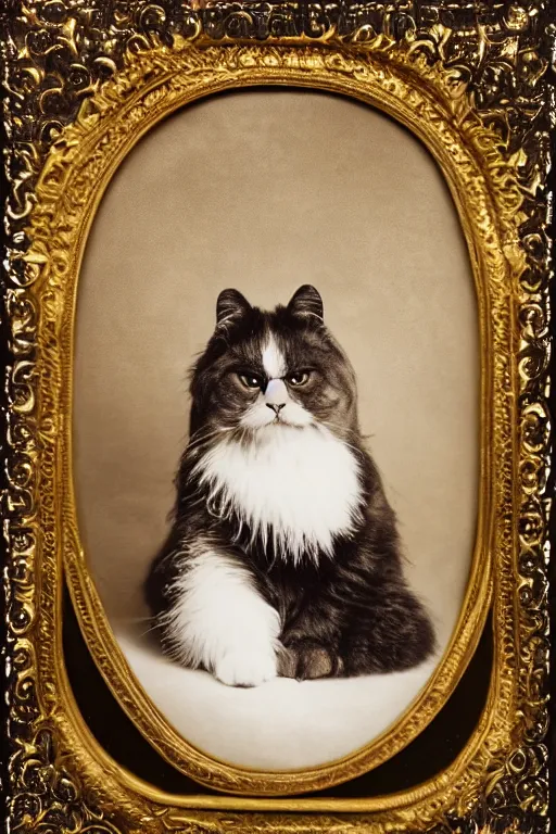 Prompt: a magnificent tintype portrait of a fluffy fat royal cat on an embroidered velvet cushion on a neo - rococo gilded little bed, by david lachapelle, photorealistic, photography, wide shot