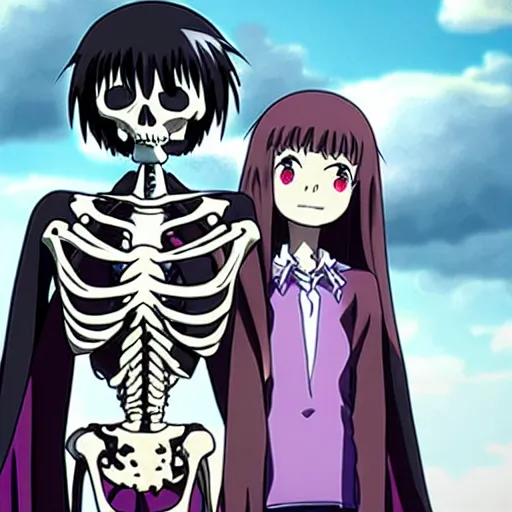 Image similar to a female necromancer and her skeleton friend, from a slice of life anime ; anime key visual by junji ito. tv anime series, kyoto animation.