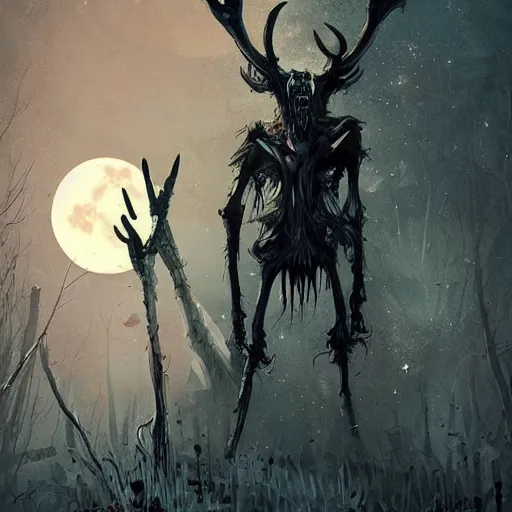 Image similar to a wendigo, by ismail inceoglu, eerie monster, skull head, gaunt and monstrous, evil, illuminated by the moonlight