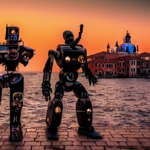 Image similar to two evil humanoid robott with a gun, in venice, cyberpunk style, wide shot, long shot, sunset golden hour