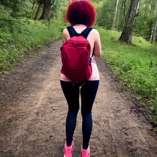 Prompt: photograph of a woman with red hair from the back wearing a backpack and leggings