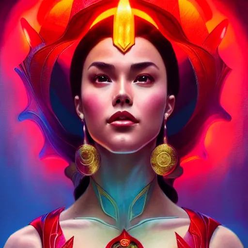 Image similar to catriona gray as darna, volumetric lights, red and cyan theme, art nouveau botanicals, intricate, highly detailed, digital painting, artstation, concept art, smooth, sharp focus, cinematic, illustration, beautiful face, art by artgerm and greg rutkowski and alphonse mucha