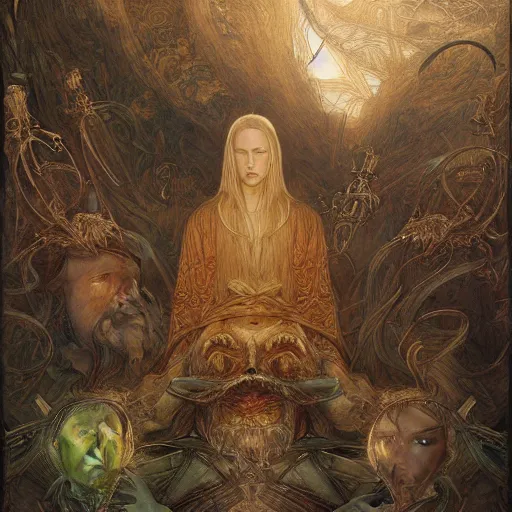 Image similar to disasterpiece truth disciples holy estrangement, by Edgar Maxence and Ross Tran and Michael Whelan and Da Vinci and J.M.W Turner, metal watercolor intricate line drawings, sacred chords, 4k resolution