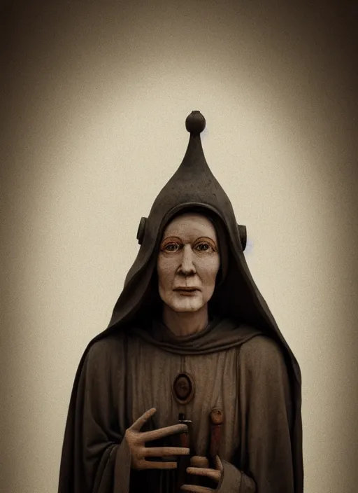 Image similar to realistic photo portrait of a a medieval wooden sculpture of a female monk dressed wearing in white spherical hat helmet made of wood, sci - fi, greyscale 1 9 9 0, life magazine photo, natural colors,