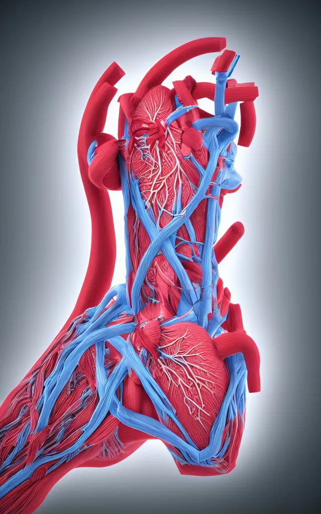 Image similar to intricated scientific medical 3d animation of the muscles and veins of a human with a heart in their hands photography 3d octane render