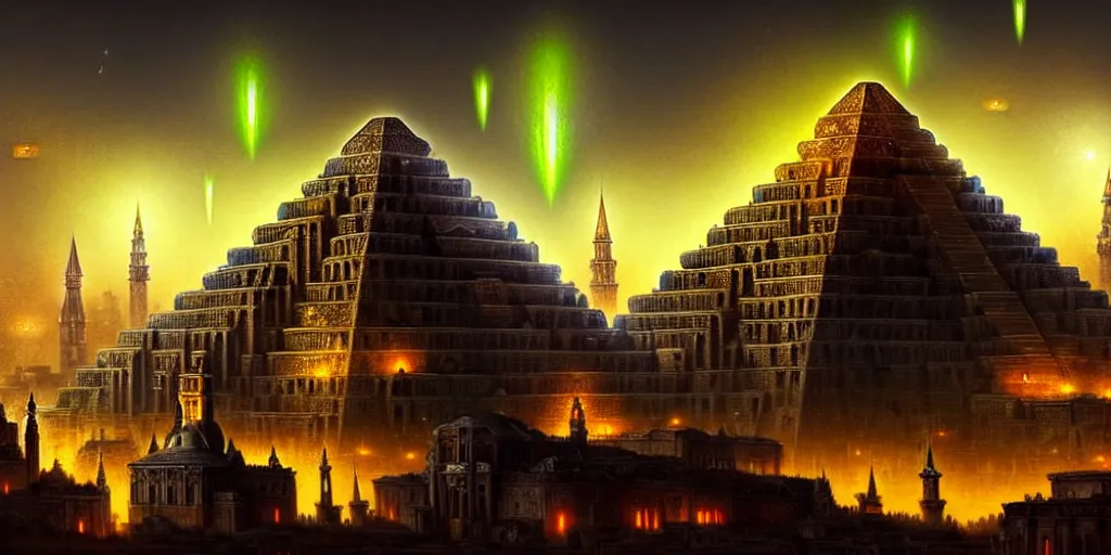 Image similar to magical city of the Great Tartarian Empire adorned with amazing lost technology, lighting resembling fireflies, spires from rooftops collecting and distributing etheric energy, the centerpiece of the city is a colossal ancient pyramid made of metal, cityscape, combining intense detail & utmost quality, Christian Hecker, Artstation, - H 832