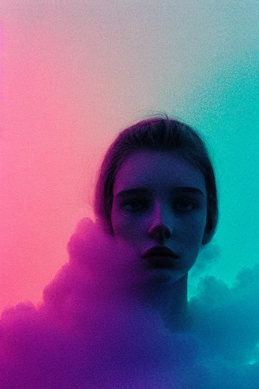 Image similar to high quality pastel coloured film close up wide angle photograph of a model wearing clothing resting on cloud furniture in a icelandic black rock environment in a partially haze filled dreamstate world. three point light, rainbow. photographic production. art directed. pastel colours. volumetric clouds. pastel gradient overlay. waves glitch artefacts. extreme facial clarity. 8 k. filmic.