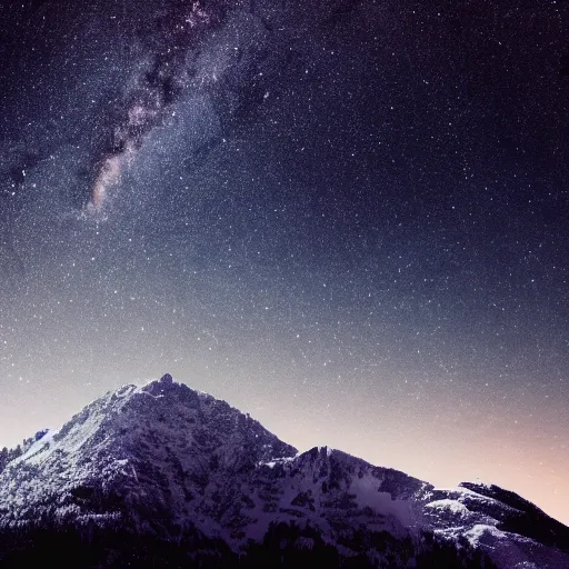 Prompt: a large snowy mountain with a night full of stars and galaxies behind it, cinematic picture