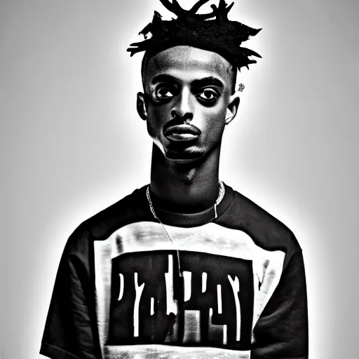 Image similar to portrait of down syndrome playboi carti sharp focus, 4 k editorial photograph, soft lighting, black background