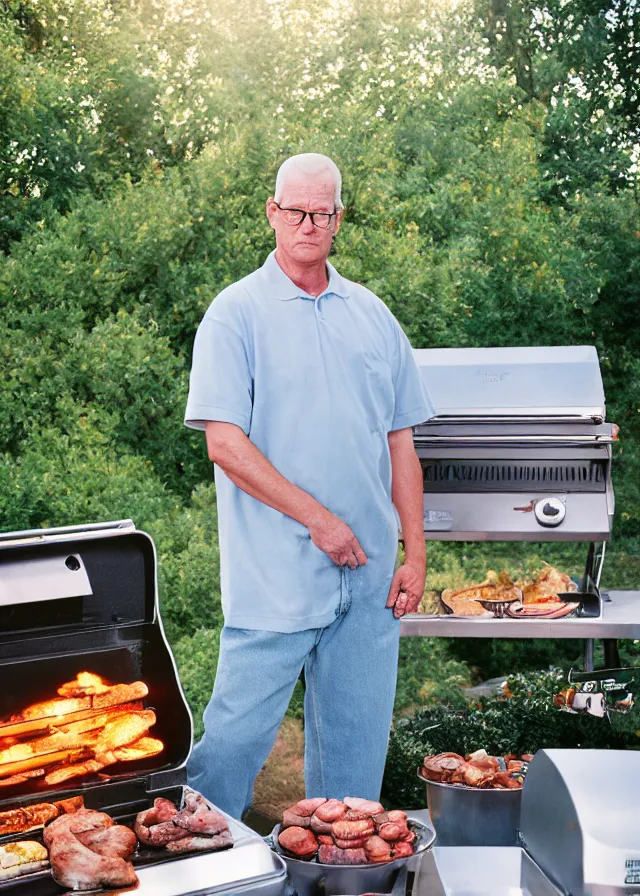 Prompt: live action hank hill standing next to a propane grill in a suburban backyard, portrait photo taken by annie leibovitz, dramatic lighting, 8 5 mm f / 2. 4, kodak portra, color film