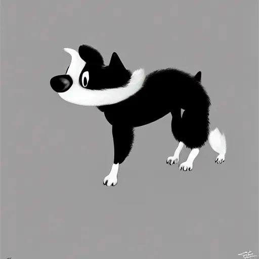 Image similar to Goro Fujita illustrating a beautiful black and white fluffy dog, with big ears on a plain background, art by Goro Fujita, sharp focus, highly detailed, ArtStation