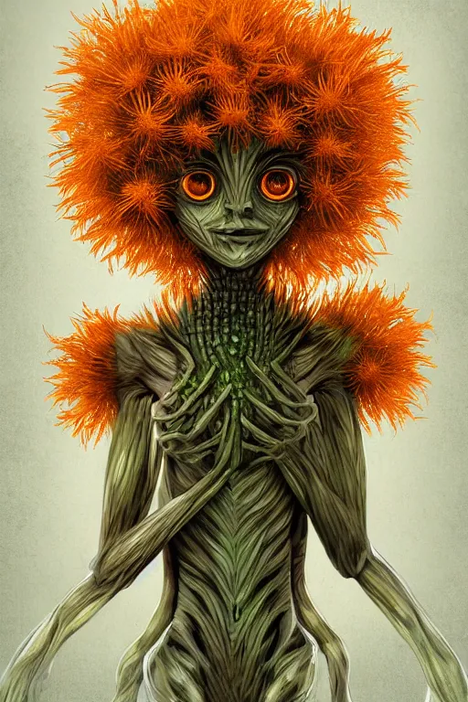 Image similar to a humanoid figure dandelion plant monster, orange eyes, highly detailed, digital art, sharp focus, trending on art station, anime art style