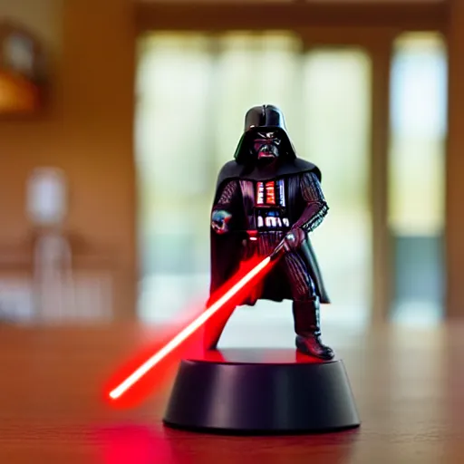 Image similar to a darth vader funko pop wielding a red lightsaber on a table inside a suburban house