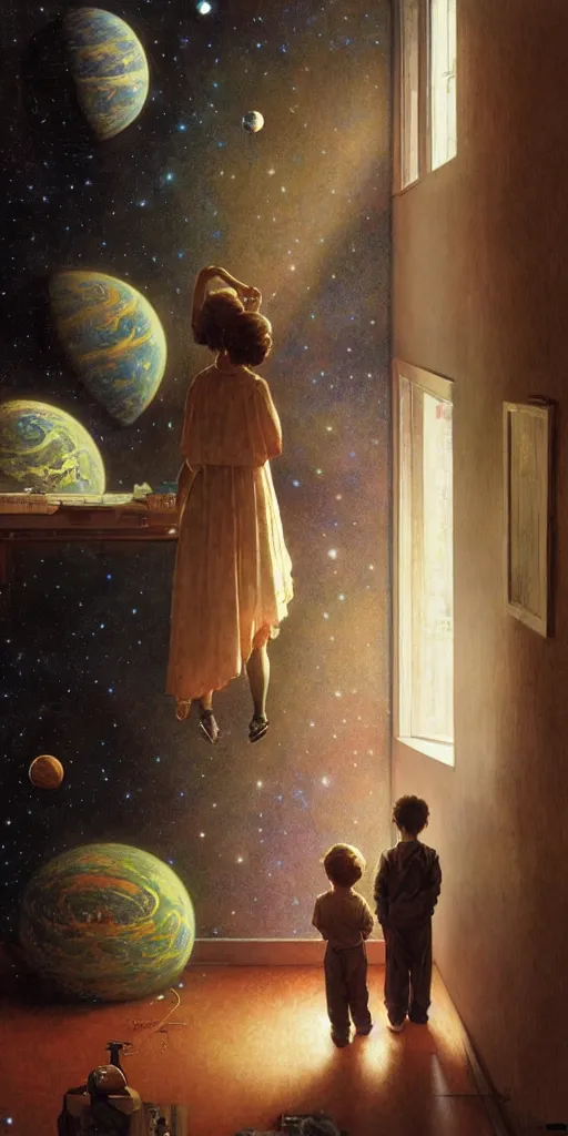 Image similar to a mother and her son looking at the wall of their bedroom and seeing the universe full of galaxies and planets, imagination, part by norman rockwell, part by greg rutkowski, part by mattias adolfsson, high angle, ( ( ( ( volumetric lighting ) ) ) ), oil on canvas