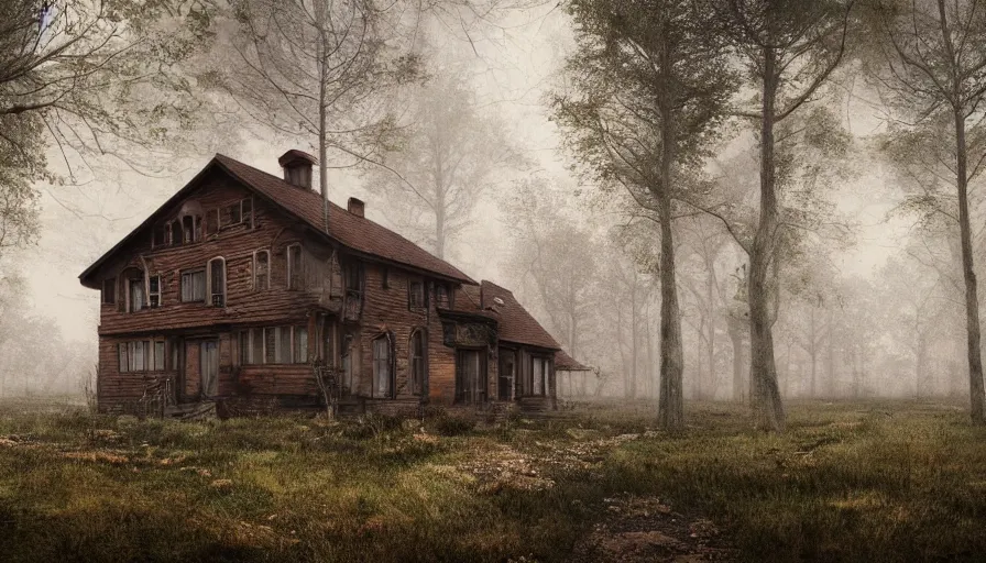 Image similar to abandoned wooden 1 9 0 0's house in german forest, rainy evening, muddy ground, hyperdetailed, artstation, cgsociety, 8 k