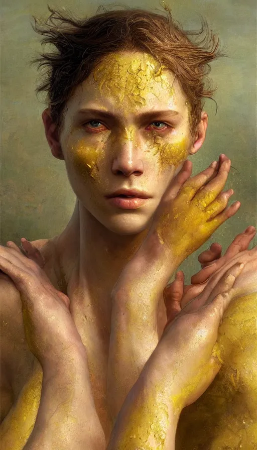 Prompt: epic masterpiece torment, drama, sweaty skin, hyperrealistic, octane render, cinematic, beautiful face and flawless skin, perfect hands, 5 fingers, yellow by Edgar Maxence and Ross Tran and Michael Whelan, Legends of Runeterra