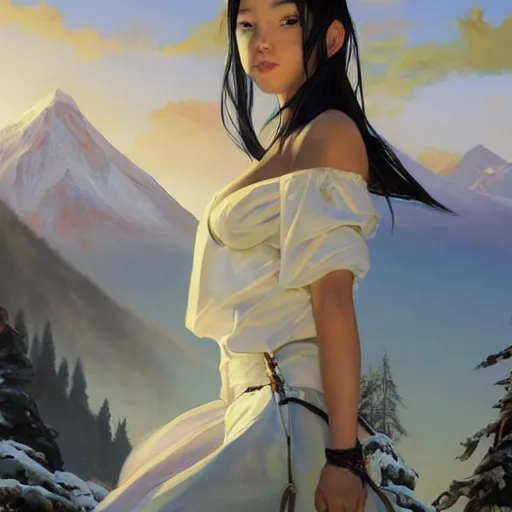 Image similar to oil painting by ilya kuvshinov,, baugh casey, artgerm craig mullins, sakimi, coby whitmore, of a youthful japanese girl, long hair, female warrior in the alps, highly detailed, otherworldly face, disney palace in background studio photography, noon, intense bounced light, water reflection, large tree casting shadow, by zack snyder