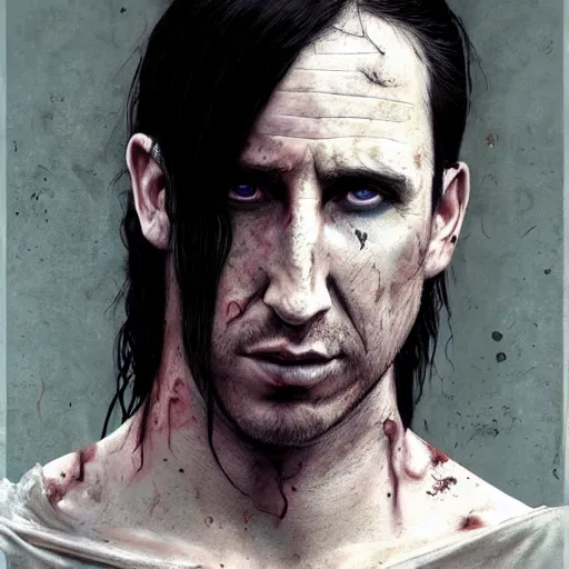 Image similar to young trent reznor as a zombie with shoulder length hair, 7 days to die zombie, realistic proportions, fine art, award winning, intricate, elegant, sharp focus, cinematic lighting, digital painting, 8 k concept art, art by brom, art by guweiz and z. w. gu, art by michael hussar, 8 k