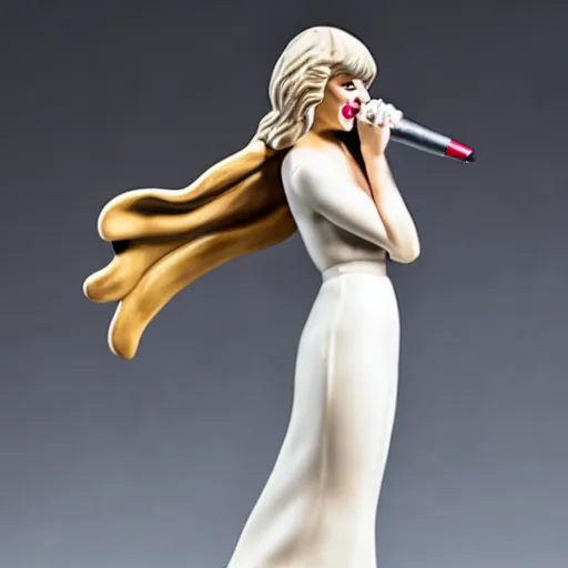 Image similar to a porcelain figurine of taylor swift singing, product shot