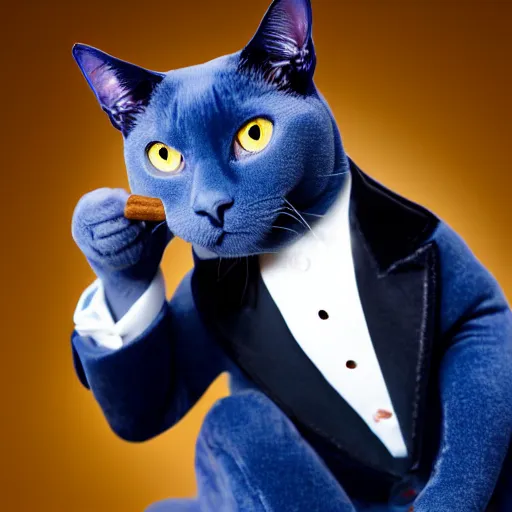 Prompt: Blue Burmese cat in a tuxedo smoking a cigar, high class cat, highly detailed, 4k, HD, photorealistic