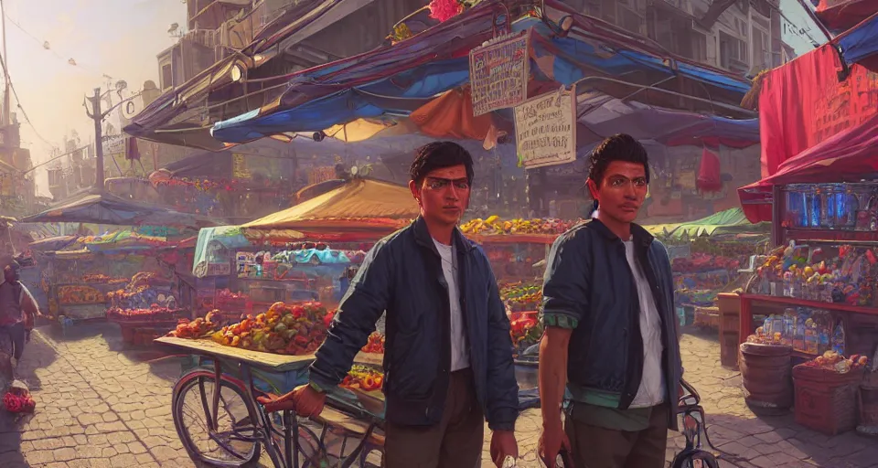 Image similar to highly detailed portrait young man mexican vendor in gta v, street market, happy ambience, stephen bliss, unreal engine, fantasy art by greg rutkowski, loish, rhads, ferdinand knab, makoto shinkai and lois van baarle, ilya kuvshinov, rossdraws, tom bagshaw, global illumination, detailed and intricate environment