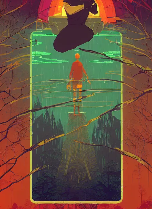 Image similar to an indie game poster of a translucent cyberpunk explorer meditating on an ancient platform in the middle of a dense forest, midnight, risograph by ghostshrimp, kawase hasui, josan gonzalez, jean giraud, moebius, colourful flat surreal design, in the style of oxenfree, super detailed, a lot of tiny details