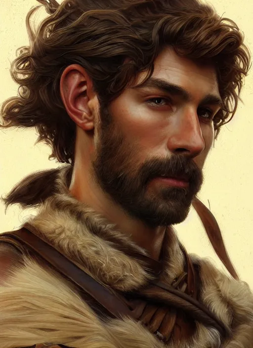 Image similar to portrait of a young ruggedly handsome ranger, muscular, half body, leather, hairy, d & d, fantasy, intricate, elegant, highly detailed, digital painting, artstation, concept art, smooth, sharp focus, illustration, art by artgerm and greg rutkowski and alphonse mucha