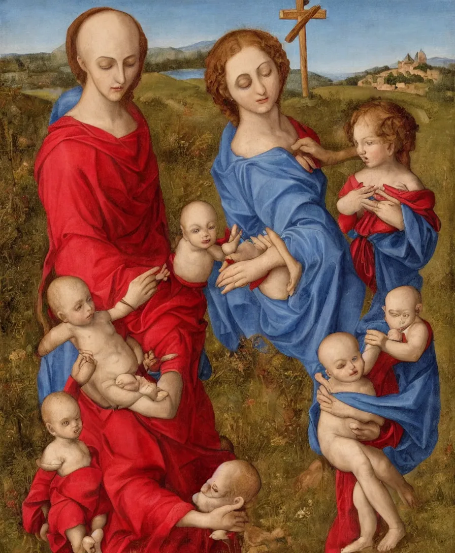 Image similar to Detailed Portrait of Madonna, curly red hair red shirt blue cloth, with infant Jesus, bald, holding a thin cross and fighting with another boy in front of Madonna in the style of Raffael. They are sitting in a dried out meadow near Florence, red poppy in the field. Empty Middleground. On the horizon, there is a blue lake with a town and blue mountains. Flat perspective.