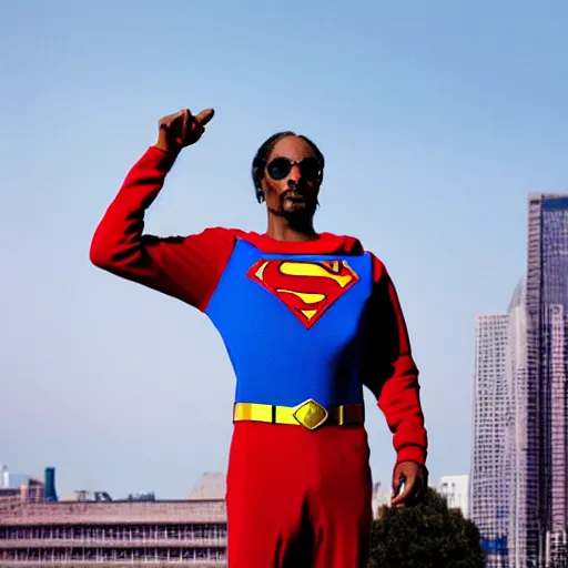 Image similar to snoop dogg as superman, movie still, photograph, high quality, 4K