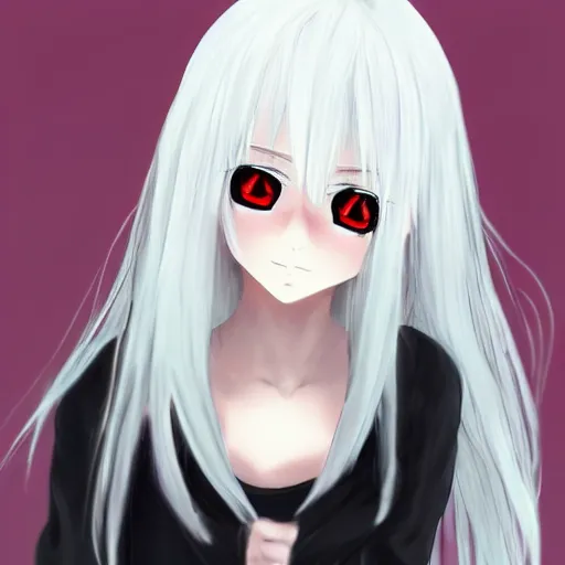 Image similar to white hair, red eyes, two small horn on the head, anime style, anime girl