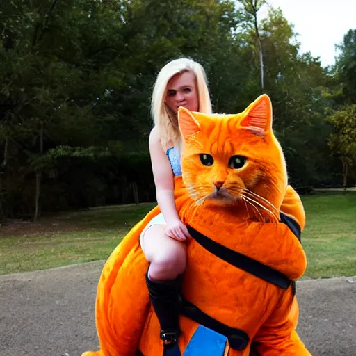 Prompt: teenaged blonde girl riding a large orange maine cat dressed as warriors