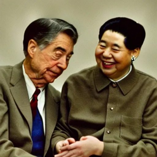 Image similar to mr. rogers and mao zedong pulling a wishbone, color photo.