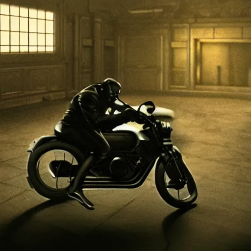 Image similar to a man sitting on a motorcycle in a room, a screenshot by giger, cg society, holography, reimagined by industrial light and magic, movie still, sci - fi