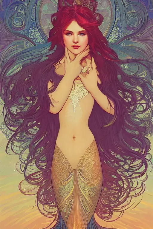 Image similar to a beautiful mermaid, symmetrical features, cinematic lighting, soft bokeh, fantasy, modern, colourful, highly detailed, digital painting, artstation, deviantart, concept art, sharp focus, illustration, by alphonse mucha