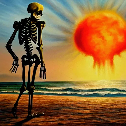 Prompt: Beautiful painting of relaxed skeleton walking on the tropical beach with nuclear bomb explosion on the ocean, high quality, trending on Artstation, realistic, highly detailed big nuclear explosion in the background, vibrant light color scheme, anatomically accurate skeleton, coherent, photorealism