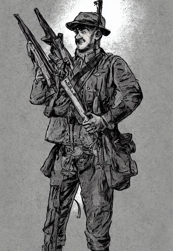 Image similar to 1 9 0 0 s soldier holding a rifle. 5 0 s comic book. warm moody evening light dramatic light. comic book illustration