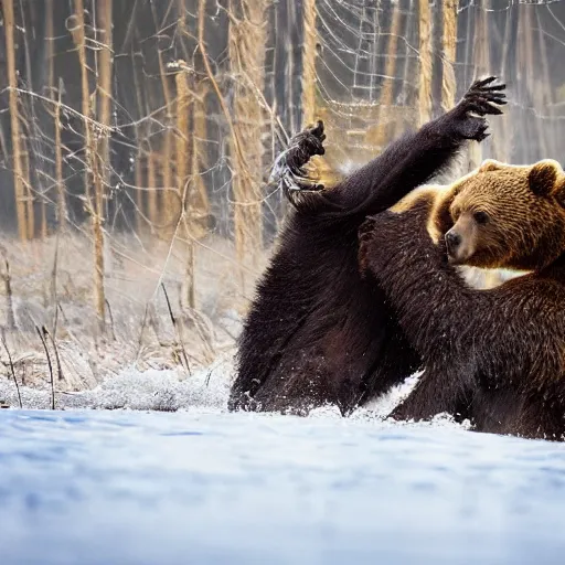 Image similar to a giant spider fighting a bear, national geographic photo, award winning