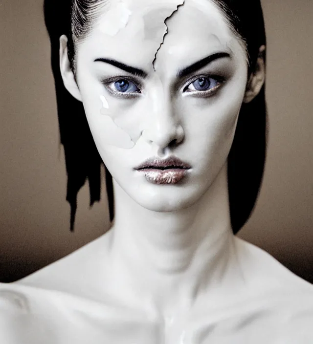 Image similar to photography facial portrait of real white ceramic japanese porcelain sculpture of a woman looking like megan fox delicate partially cracked broken, nacred white, natural background, natural pose, back lighting, translucent, thin porcelain, porcelain cracks and peeled painted, translucent, subscattering, highly detailed,, photography by paolo roversi, nick knight, helmut newton, avedon, araki