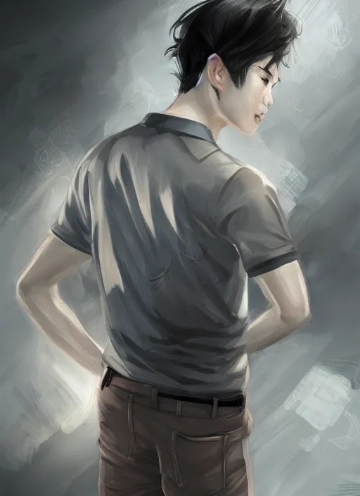 Image similar to a highly detailed illustration of fierce short black haired young half white half asian man wearing polo shirt, dramatic thinking pose, intricate, elegant, highly detailed, centered, digital painting, artstation, concept art, smooth, sharp focus, league of legends concept art, WLOP