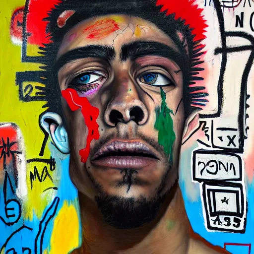 Image similar to detailed neo expressionism chaotic oil painting of sad boy rapper depressed with tattoos by basquiat