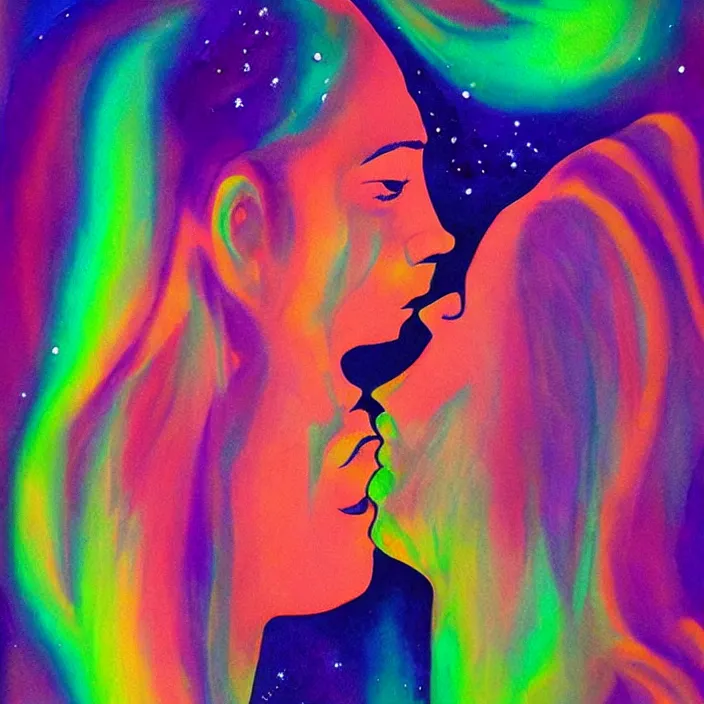 Image similar to close portrait of woman and man kissing. aurora borealis. iridescent, vivid psychedelic colors. painting by leon spillaert