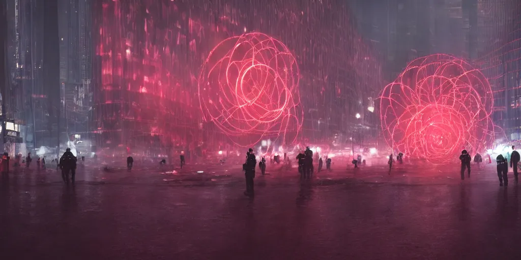 Prompt: policemen protecting a huge red spiral - shaped bright white luminous attractor right in the center of the city from protesting people,, rain and light fog, professional lighting, concept art in 3 d, high detail, professional lighting, unreal engine